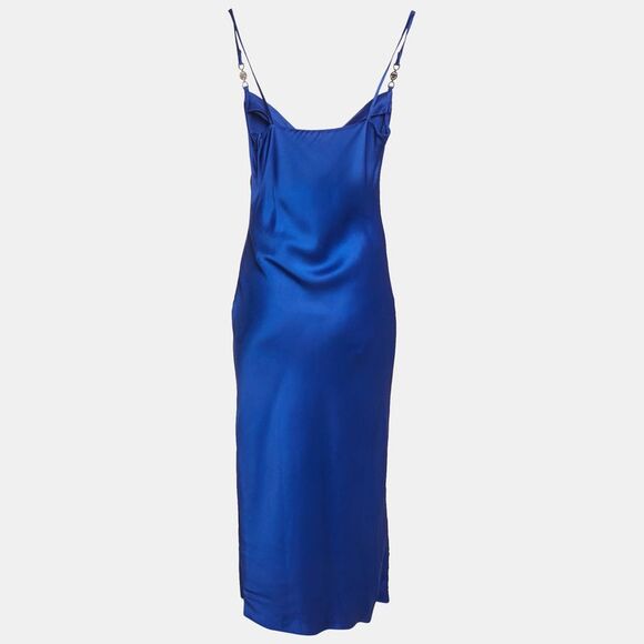 Versace Blue Barocco Lace Satin Silk Cowl Neck Slip Dress S